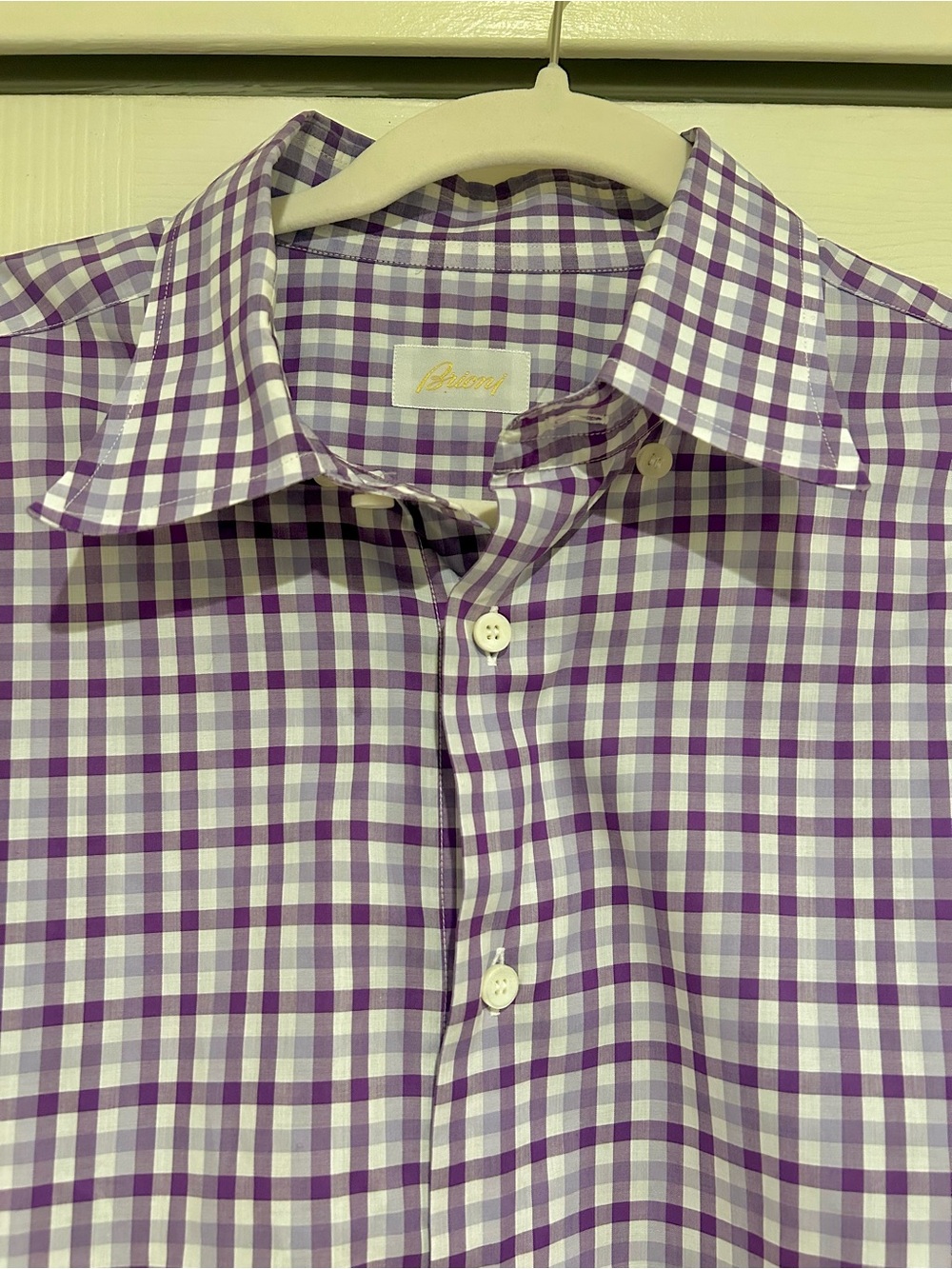 Brioni Designer Purple Gingham Men's Dress Shirt Size XL